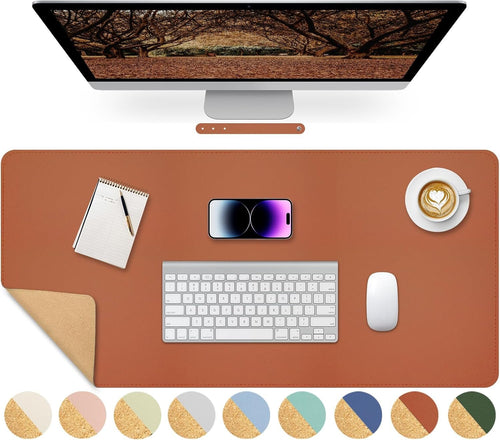 Giecy Leather Desk Pad, Dual-Sided Natural Cork & PU Leather Desk Pad, 90 x 43 cm Extended Computer Desk Mat Keyboard Mouse Pads Writing Mat Desk Blotter Pads Mats for Laptop Gaming PC (Brown)