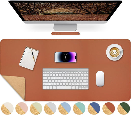 Giecy Leather Desk Pad, Dual-Sided Natural Cork & PU Leather Desk Pad, 90 x 43 cm Extended Computer Desk Mat Keyboard Mouse Pads Writing Mat Desk Blotter Pads Mats for Laptop Gaming PC (Brown)
