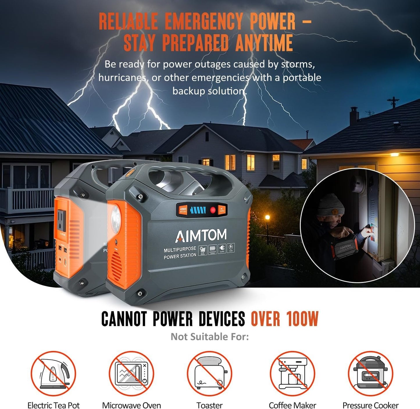 AIMTOM 155Wh Portable Power Station, 42000mAh Lithium Backup Battery with Flashlight, Solar Charging Option – 150W Peak (100W AC), 12V DC, USB & USB-C for Camping, Home, RV, Travel & Digital Nomads