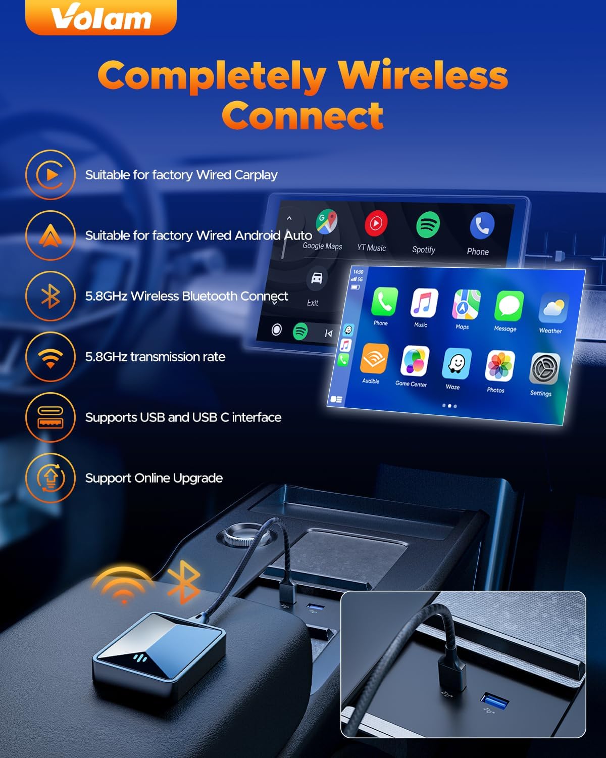 Volam Carplay Wireless Adapter, 2 in 1 A-pple Carplay Android Car Wireless Dongle with Plug and Play, High Speed 5.8 GHz, Low Latency, Compatible with Cars from 2016 Onwards, IOS 10+, Android 11+