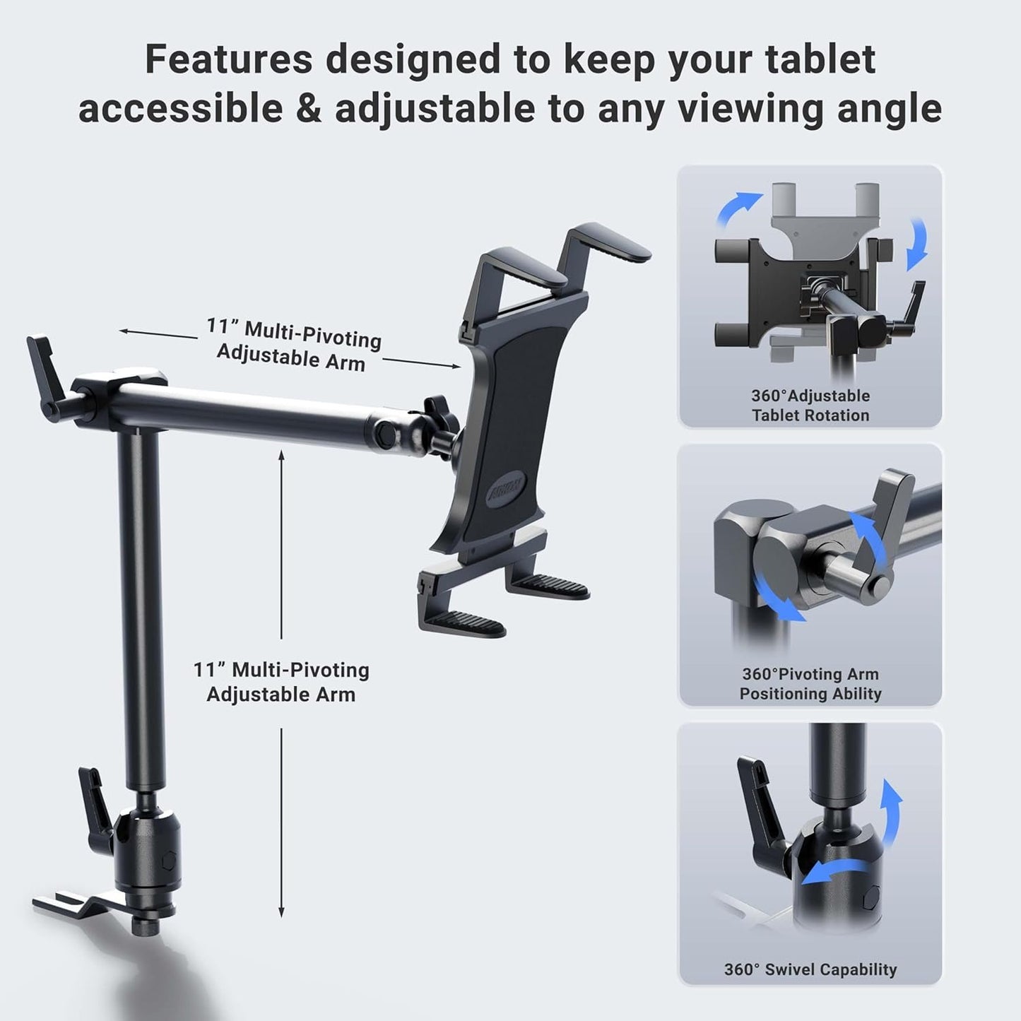 Arkon TAB801 22-Inch Heavy-Duty Aluminum Seat Rail Universal Tablet Mount