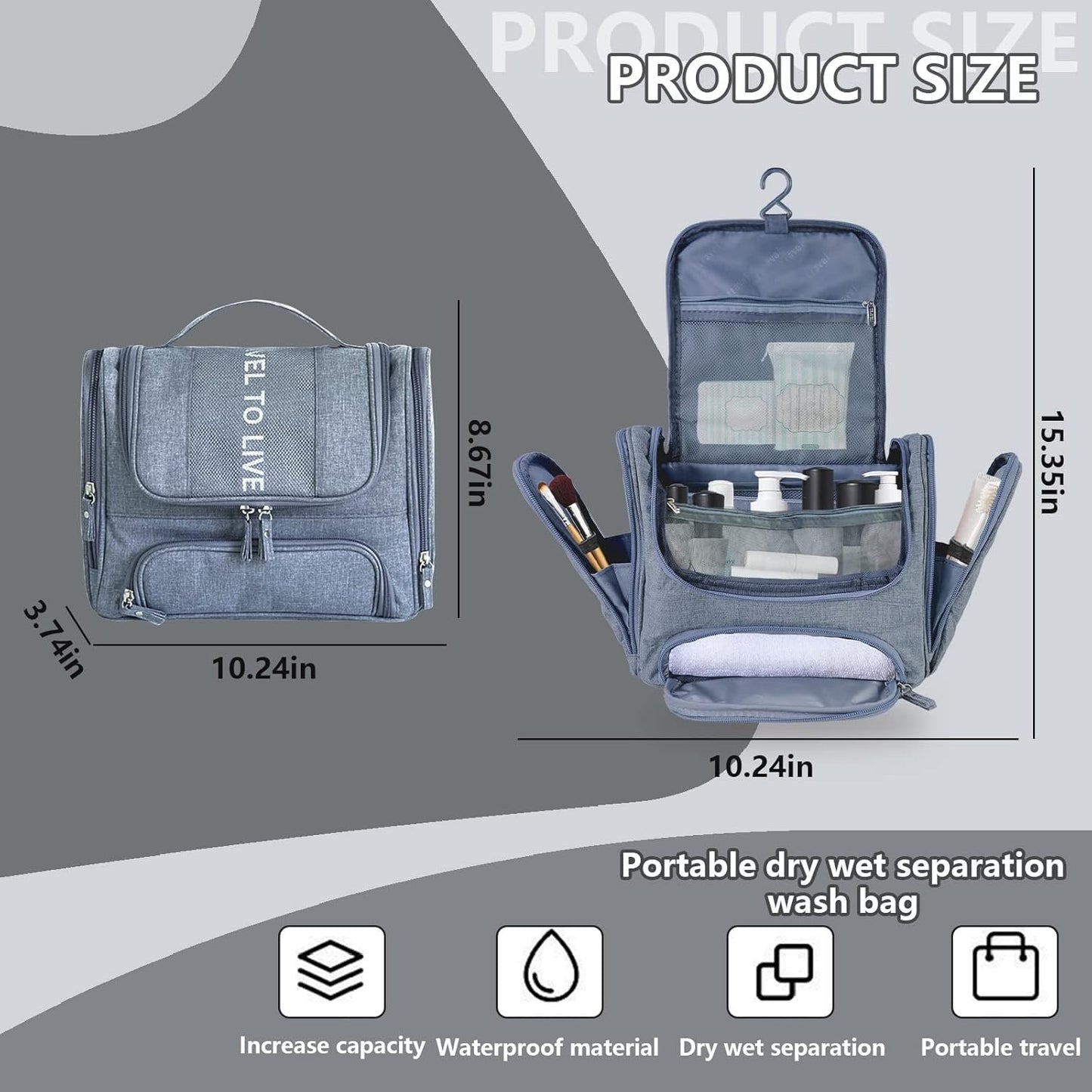 Hanging Travel Toiletry Bag for Women Men, Waterproof Cosmetic Makeup Organizer Bag Storage with Hook, Skincare Hygiene Bathroom Bag for Traveling (Gray)