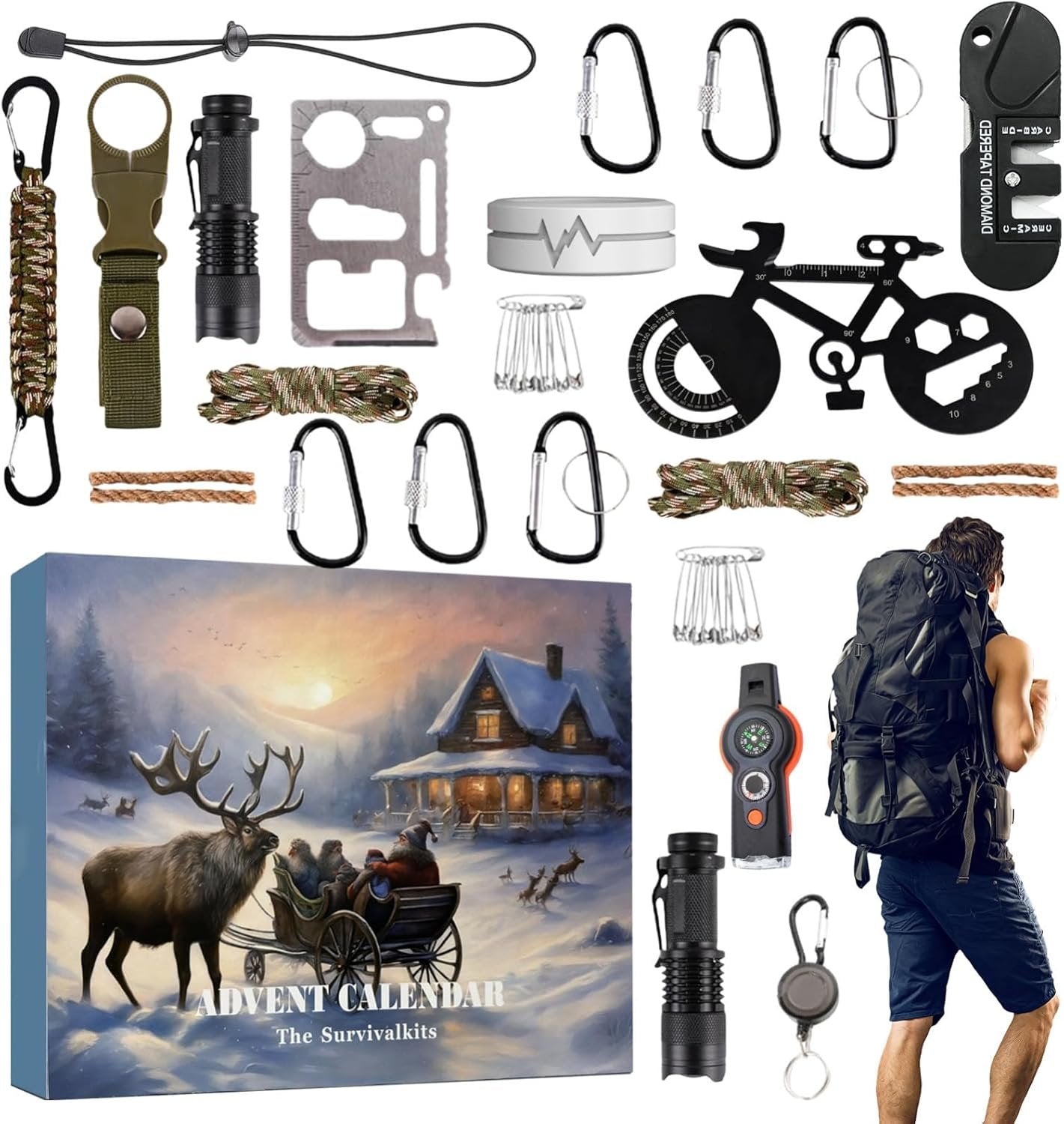 Advent Calendar 2024 Adult, 24 Days Survival Kit Christmas Countdown, Survival Tools for Men, Survival Gadgets, Survival Equipment Set, for Hiking Camping Backpacking (1Set)