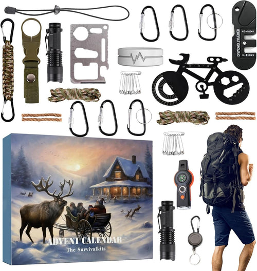 Advent Calendar 2024 Adult, 24 Days Survival Kit Christmas Countdown, Survival Tools for Men, Survival Gadgets, Survival Equipment Set, for Hiking Camping Backpacking (1Set)