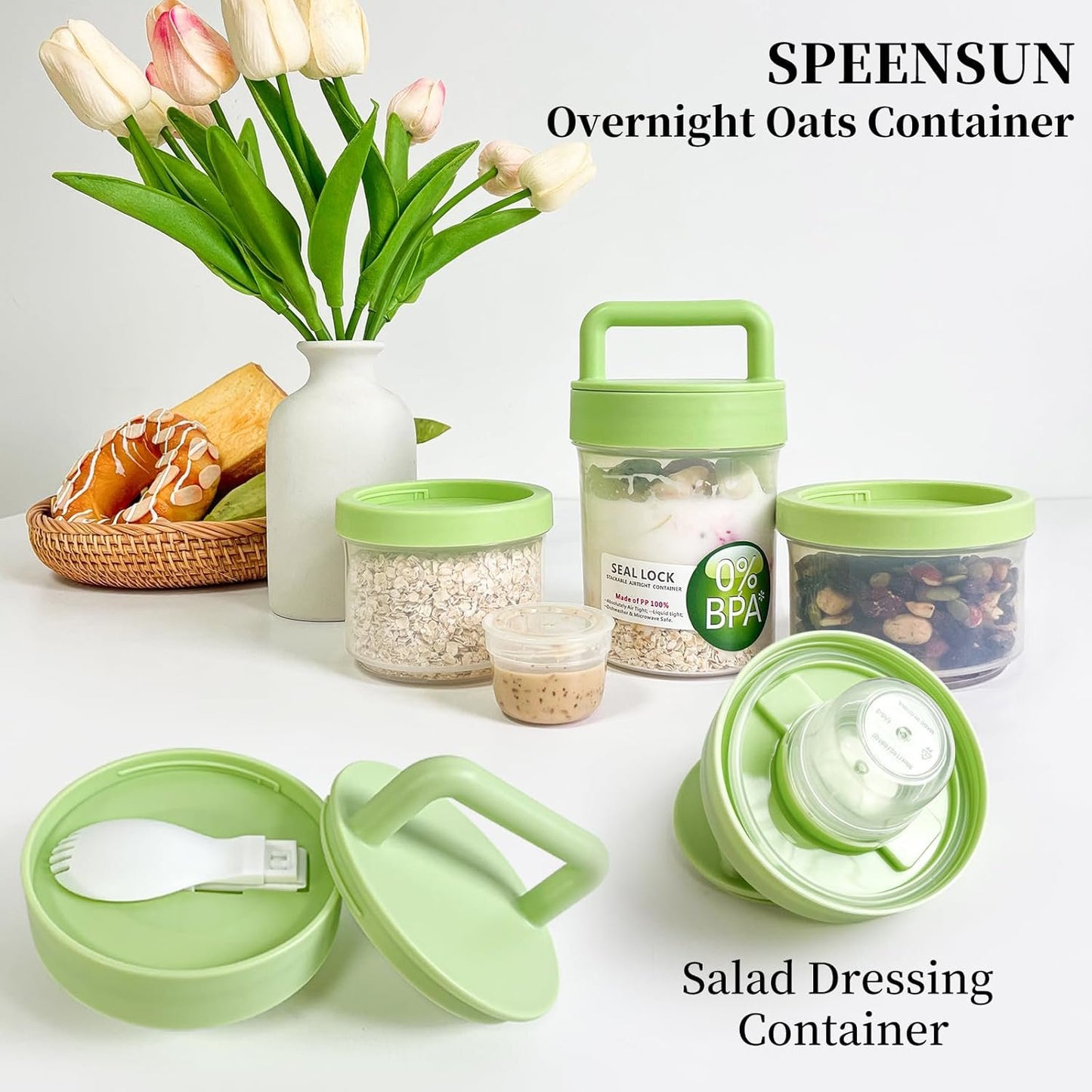 On-the-go Yogurt Parfait Container with Lids and Spoon,Stackable Sealable Overnight Oats Containers,Reusable Food Container Prep Cereal Yogurt Salad Fruit Snacks Crunch Granola Spill Proof