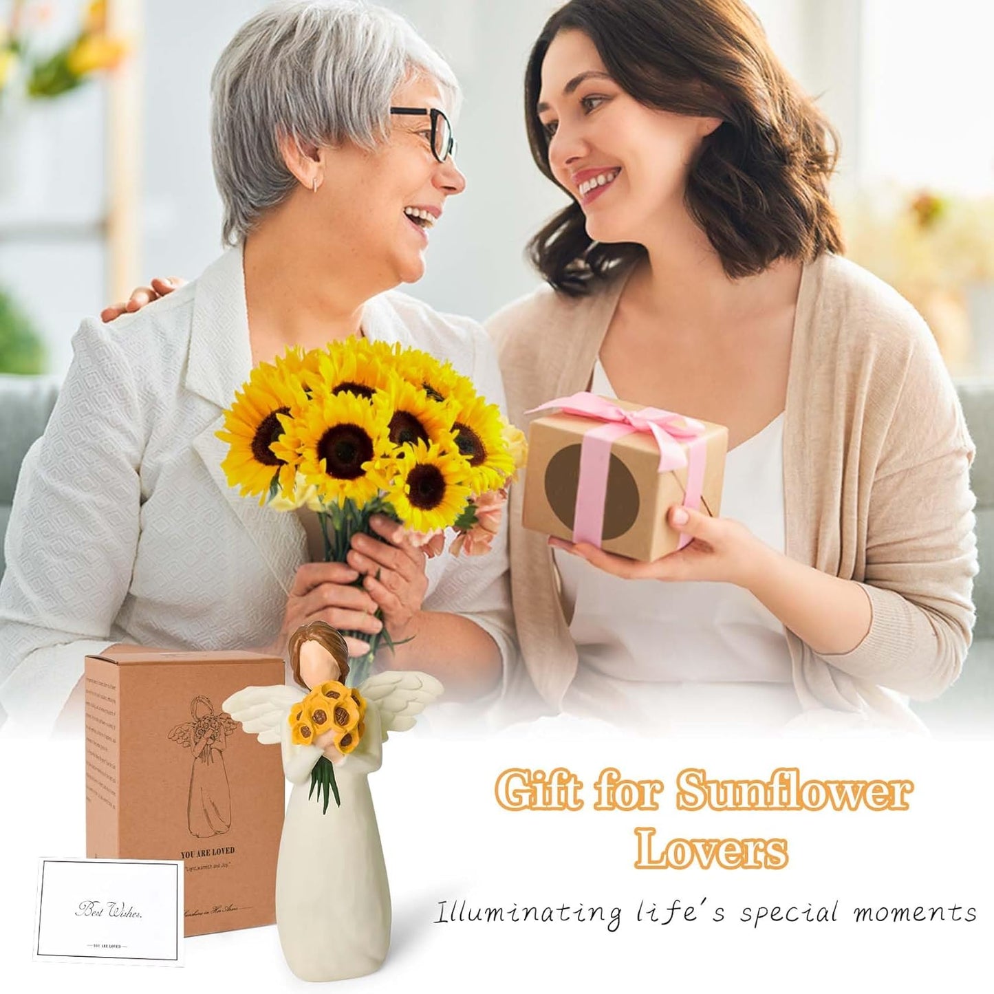 Sunflower Gifts for Women, Guardian Angel Figurines with Sunflower Bouquet - Hand-Painted Resin Collectible Figure for Women, Mum, Teachers - Unique Home Décor & Angel Gifts in Christmas, Birthday