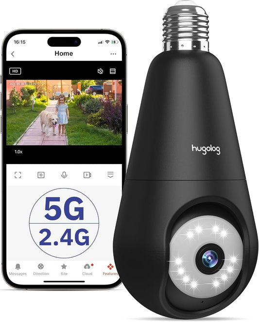 Hugolog 2K 3MP Light Bulb Security Camera 5G& 2.4GHz WiFi, 360° Wireless Outdoor Indoor Camera for Home, Motion Detection, Two-Way Talk, Color Night Vision, Siren Alarm, Compatible with Alexa
