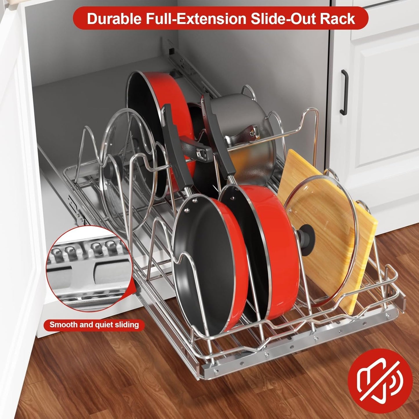 Bonadom Pull Out Pots and Pans Organizer Rack Under Cabinet Kitchen,Heavy Duty Wire Slide Out Cutting Board Shelf Bakeware and Tray Storage 11''W x 21''D x 8.5''H- Expandable Sliding Lid Holder