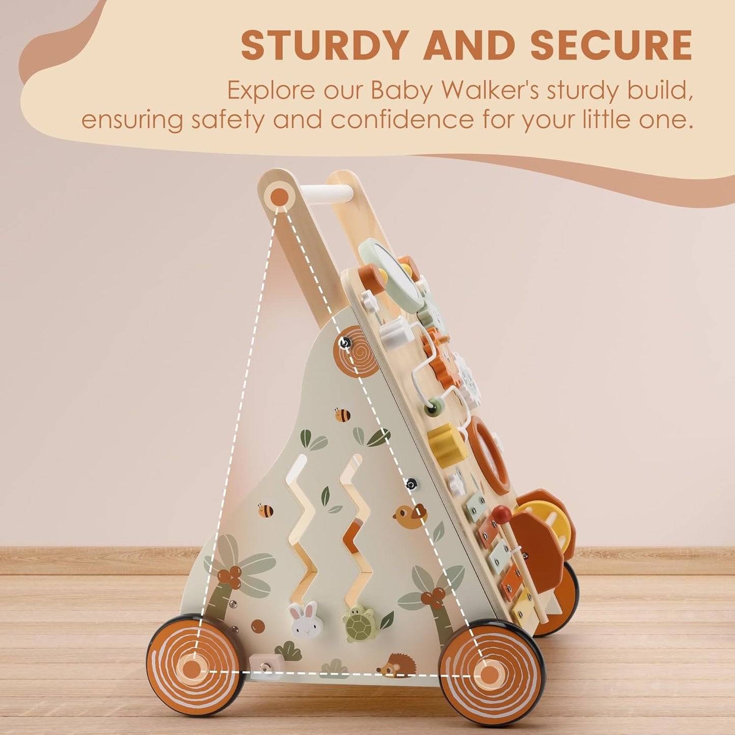 Pithfor Wooden Baby Walker, Baby Push Walker with Activity Center for Girls Boys, Push Walker Toys for Babies Learning to Walk, Sit-to-Stand