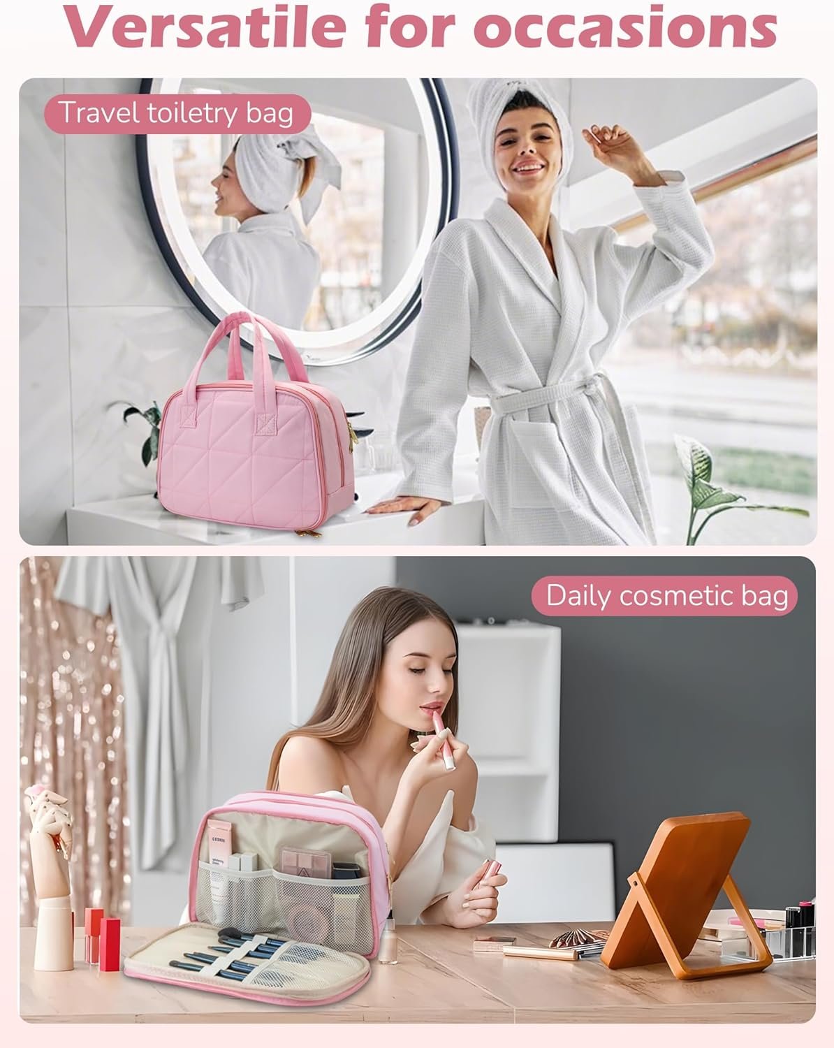 Travel Toiletry Bag, Large Capacity Makeup Organizer, Water-Resistant Make up Travel Bags, Cute Cosmetic Travel Bag with Handle, Hanging Case for Accessories, Cosmetics, Toiletries (Black)