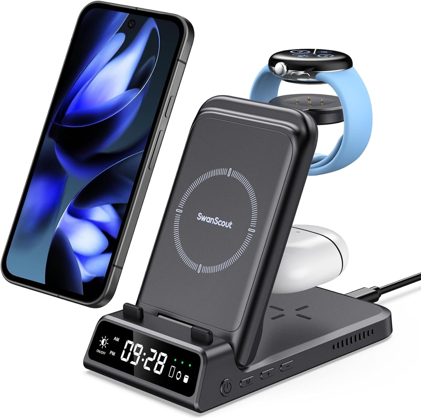 SwanScout 703G2 Wireless Charger for Google Watch 3/2, 4 in 1 Foldable Charging Station for Google Pixel 9 Pro/9 Pro XL/9/8 Pro/8A/8/7A/Fold/7/7 Pro/6/6 Pro, Pixel Buds Pro