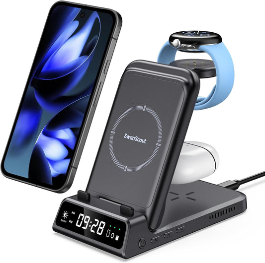 SwanScout 703G2 Wireless Charger for Google Watch 3/2, 4 in 1 Foldable Charging Station for Google Pixel 9 Pro/9 Pro XL/9/8 Pro/8A/8/7A/Fold/7/7 Pro/6/6 Pro, Pixel Buds Pro