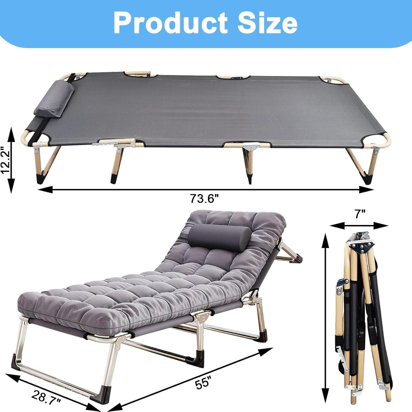 Folding Camping Cot W/Mat for Adults, Heavy Duty Outdoor Camping Bed Travel Camp Cots Camping Loungers, 5-Position Adjustable Backrest, Lightweight Tent Cot for Home Office Beach Garden