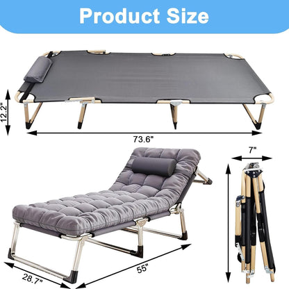 Folding Camping Cot W/Mat for Adults, Heavy Duty Outdoor Camping Bed Travel Camp Cots Camping Loungers, 5-Position Adjustable Backrest, Lightweight Tent Cot for Home Office Beach Garden