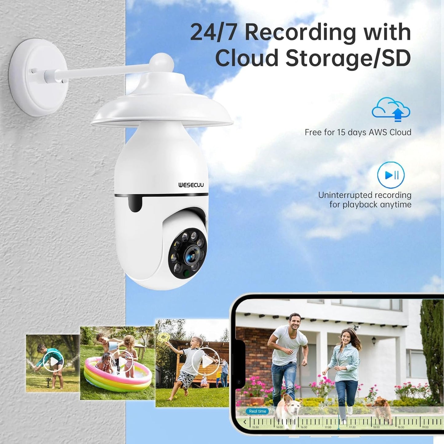 WESECUU Light Bulb Security Camera -5G& 2.4GHz WiFi 2K Security Cameras Wireless Outdoor Motion Detection and Alarm,Two-Way Talk,Color Night Vision,Human Detection, Bulb Camera Compatible with Alexa