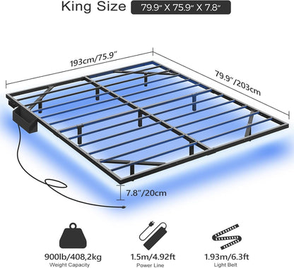 MAHANCRIS King Size Floating Bed Frame, Metal Platform Bed with Power Strip and LED Strip, Metal Bed Frame with Storage Box, Soundless, No Box Springs Needed, Black