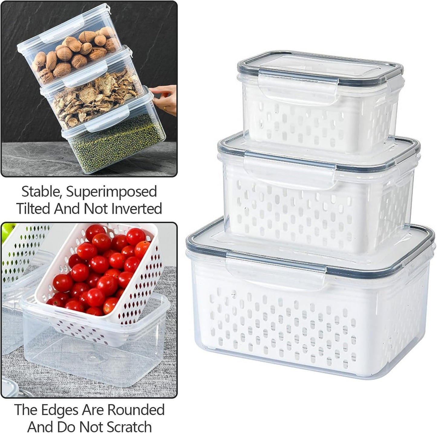 Lizbin 3 PCS Fruit Storage Containers for Fridge With Removable Colander, Leak Proof Airtight Food Storage Containers With Lids, Keep Meat Fresh