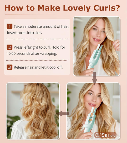 Auto Hair Curler, Automatic Curling Iron with 4 Temperature & 3 Timer, Automatic Shut-Off, Anti-Scald, Anti-Tangle Rotating Curling Wand for Hair Styling, Blue