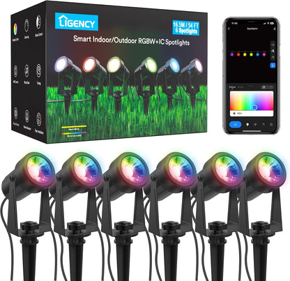 Smart Landscape Spotlights, 6 Pack Wired RGBW Led Accent Outdoor Spot Lights, Waterproof Outside Low Voltage Up Lighting for Yard Garden House