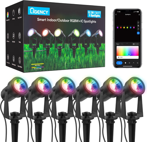 Smart Landscape Spotlights, 6 Pack Wired RGBW Led Accent Outdoor Spot Lights, Waterproof Outside Low Voltage Up Lighting for Yard Garden House