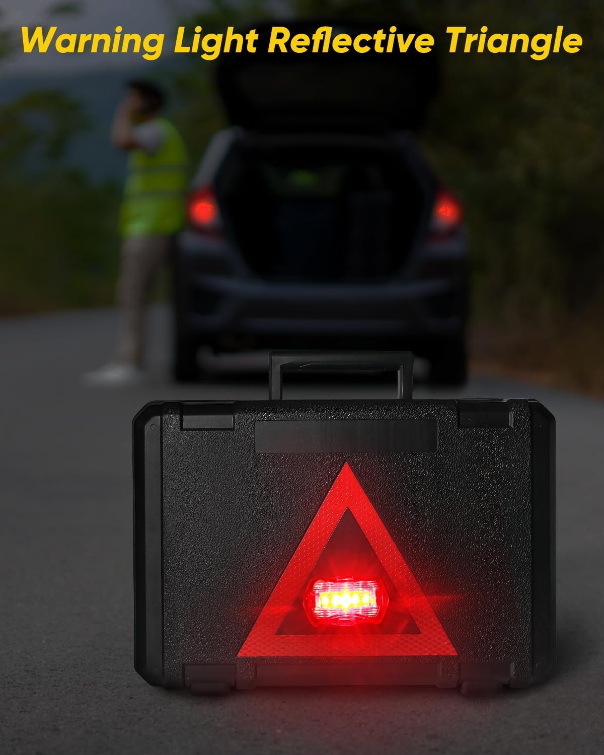 CAWWRT Car Emergency Kit, Roadside Emergency Car Kit with Warning Light Reflective Triangle, Jumper Cable, Tow Strap, Flashlight, First Aid Kit, Tire Pressure Gauge, Safety Hammer Car Tool Kit