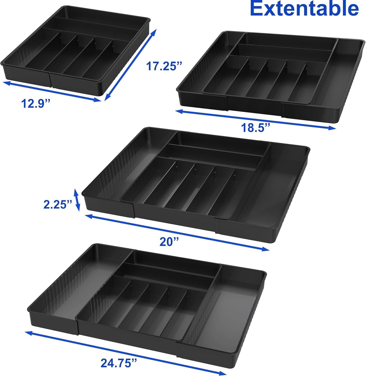 Simple Houseware Cutlery and Utensil Tray Drawer Organizers, 13 to 25 Inches Expandable Width for Kitchen, Black