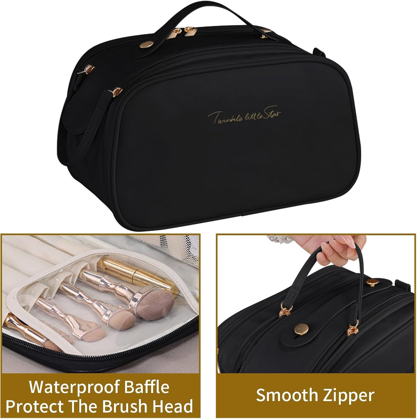 Ogetok Leather Makeup Bag for Women, Portable Travel Cosmetic Bags Zipper Make Up Pouch for Ladies Woman, Large Toiletry Organizer Bag for Toiletries Cosmetics Accessories, Black