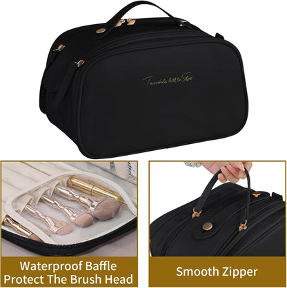 Ogetok Leather Makeup Bag for Women, Portable Travel Cosmetic Bags Zipper Make Up Pouch for Ladies Woman, Large Toiletry Organizer Bag for Toiletries Cosmetics Accessories, Black