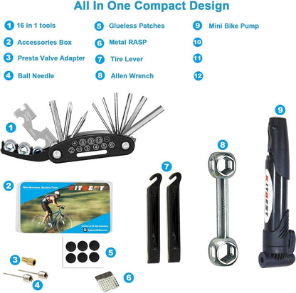 Bike Pump, Kitbest Mini Bicycle Pump with BONUS Glueless Puncture Repair Kit! Fits Presta & Schrader Valve, Mountain, Road, BMX Portable Bike Tire Pump High Pressure Cycle Frame Pump - 5 Year Warranty