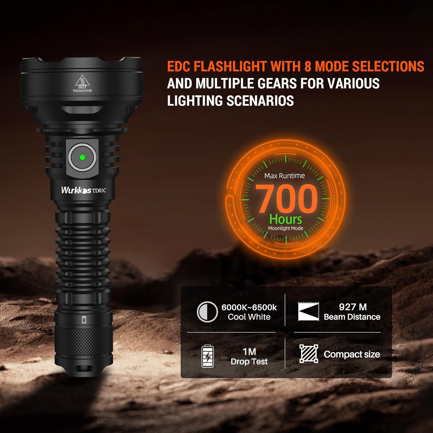 Wurkkos LED Tactical Flashlight Rechargeable - TD01C Tactical Flashlight High Lumens SFT40 LED Super Bright 1800LM with Buck Regulated Driver IP68 1000M Longest Range USB C