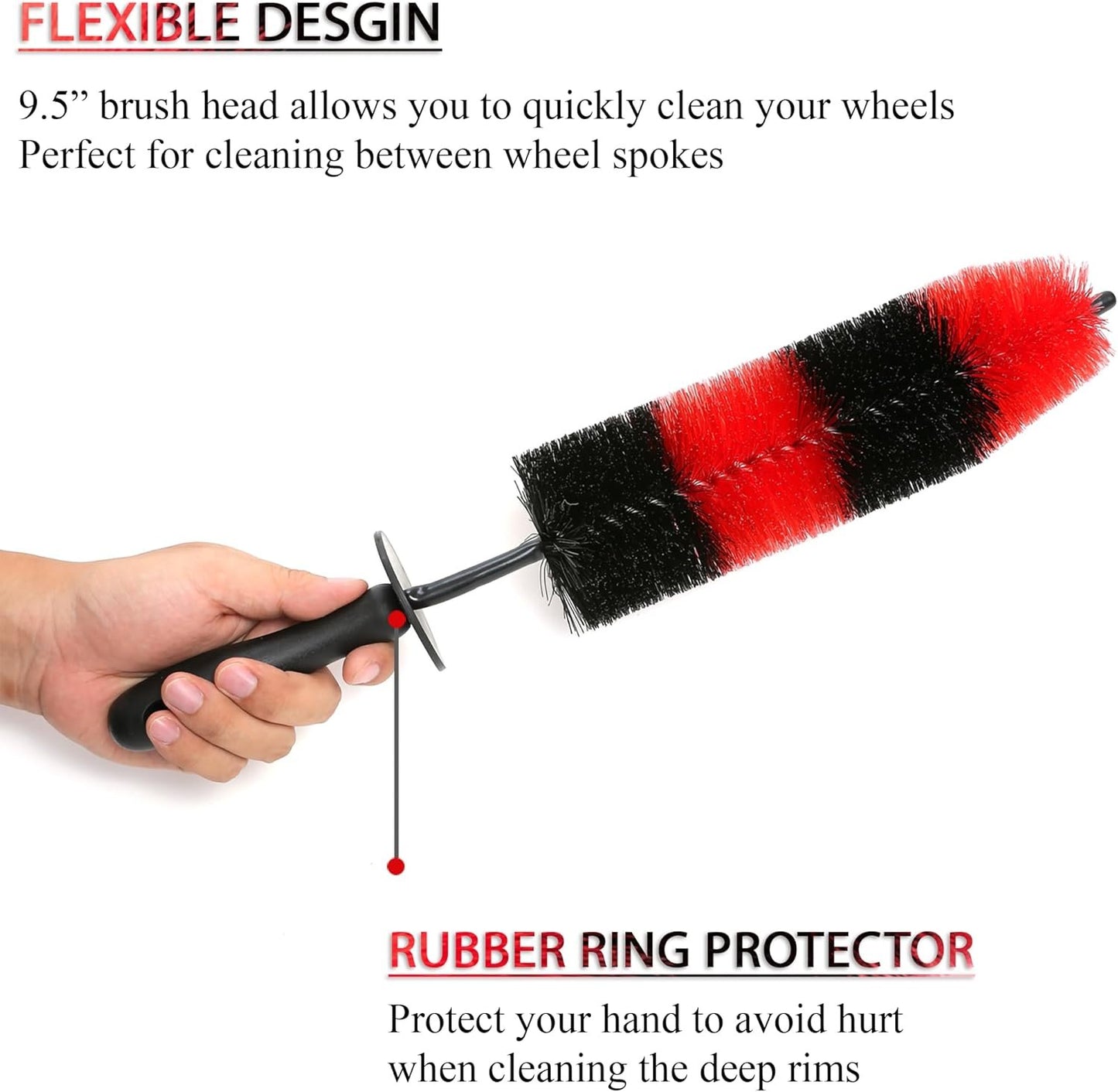 TAKAVU Master Wheel Tire Brush, Easy Reach Wheel and Rim Detailing Brush Long Soft Bristle, Car Tire Brush, Wheel Scrub Brush, Multipurpose use for Wheels Rims Exhaust Tips Motorcycles (Red)