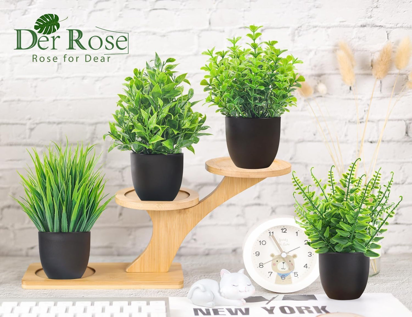 Der Rose Fake Plants 4 Packs Artificial Plants Small Faux Plants in Black Pot for Bathroom Home Office Desk Coffee Table Accessories Decor Indoor