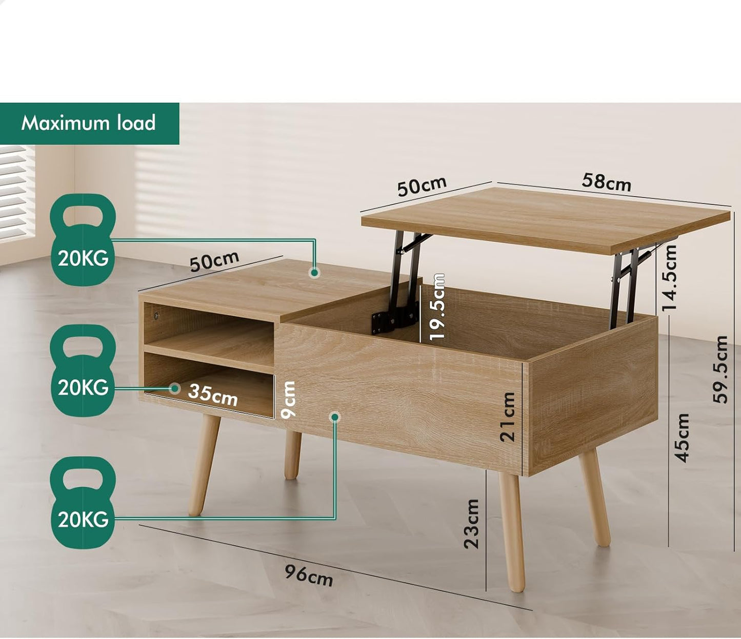 ALFORDSON Lift Tabletop Coffee Table Center Table Wood Color, Living Room Office Reception Dining Table with Rising Top, Hidden Storage and Side Open Shelves
