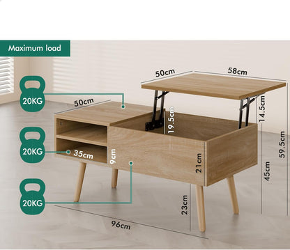 ALFORDSON Lift Tabletop Coffee Table Center Table Wood Color, Living Room Office Reception Dining Table with Rising Top, Hidden Storage and Side Open Shelves
