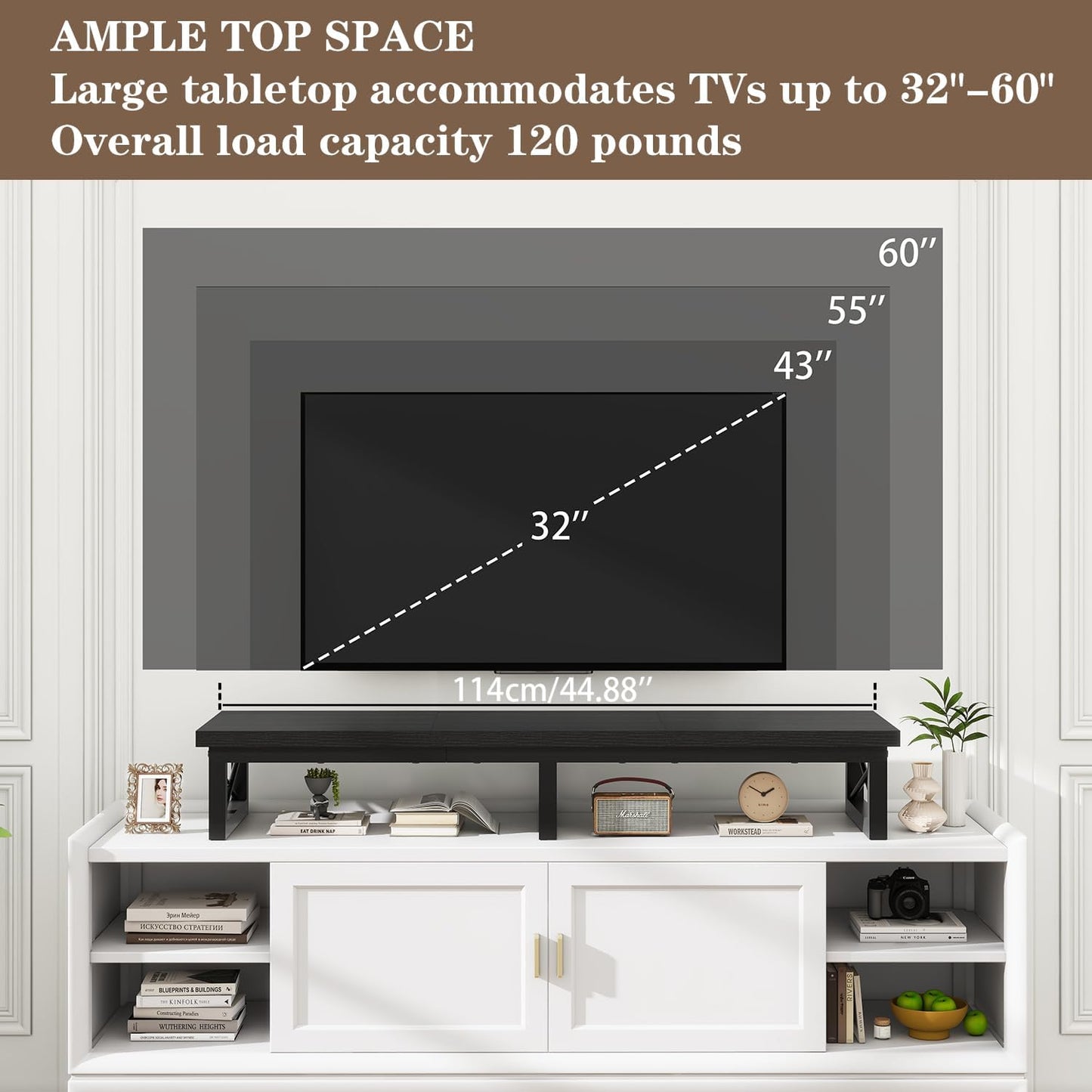 IBUYKE TVT002B 32-60 Inch TV Stand, Low Cabinet for 2 Tiers, Office Desk with Double Screen, TV Cabinet for Living Room and Bedroom, Black