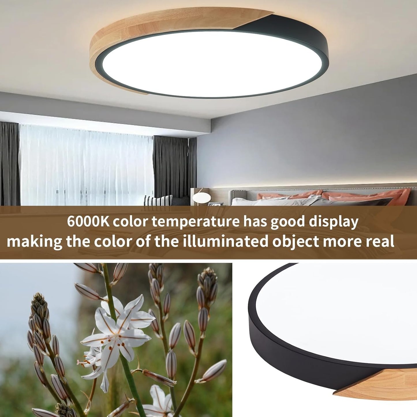 ZAITINZ LED Ceiling Lights,Black Modern Flush Mount Lighting Fixture,Round Shaped Wood Ceiling Lighting,24W,6500K Cool White,Ã˜30cm