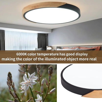 ZAITINZ LED Ceiling Lights,Black Modern Flush Mount Lighting Fixture,Round Shaped Wood Ceiling Lighting,24W,6500K Cool White,Ã˜30cm