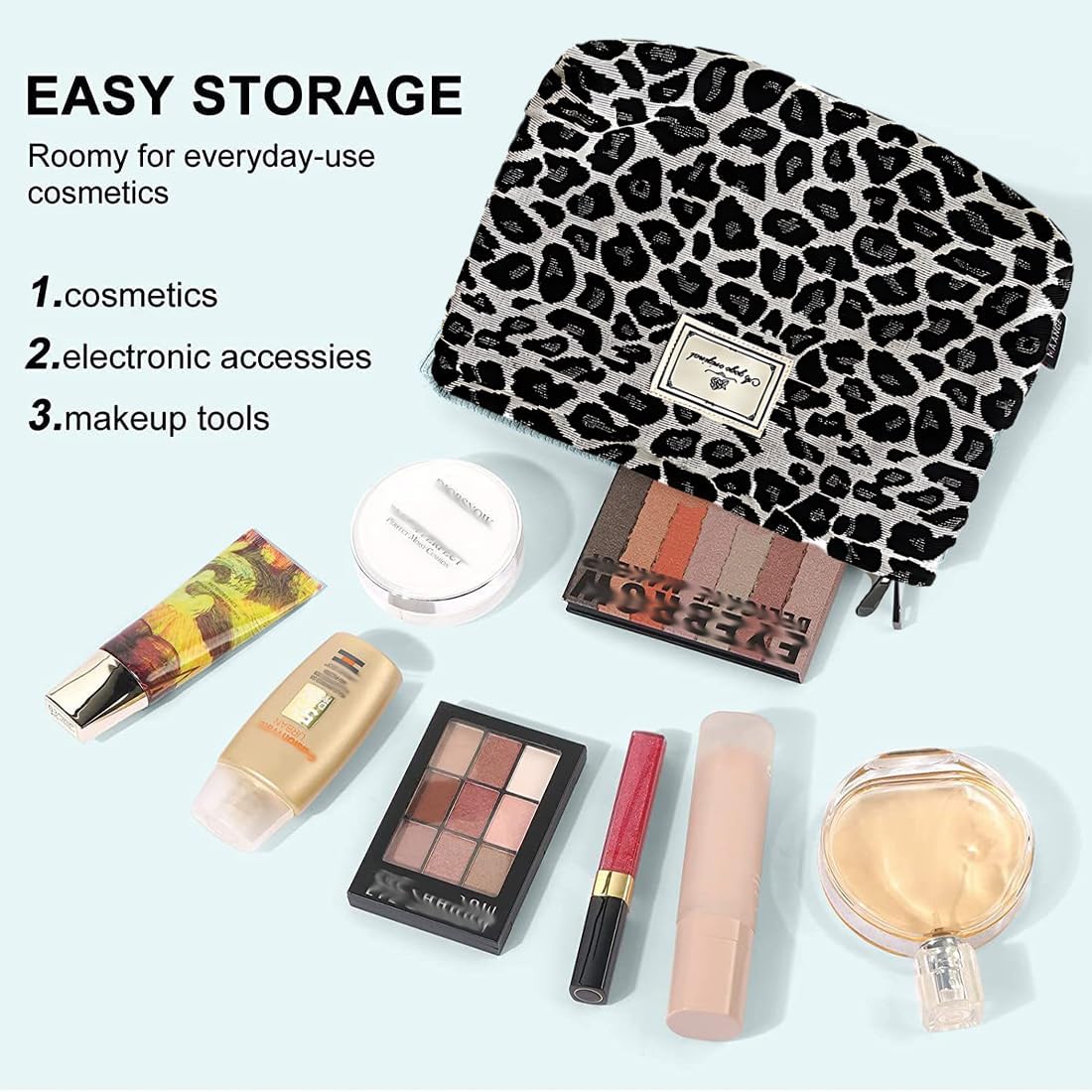 SGERUFZ Leopard Women Canvas Makeup Bag Large Capacity Travel Makeup Organizer Makeup Accessories (Beige+Black)