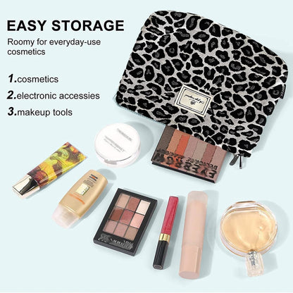 SGERUFZ Leopard Women Canvas Makeup Bag Large Capacity Travel Makeup Organizer Makeup Accessories (Beige+Black)