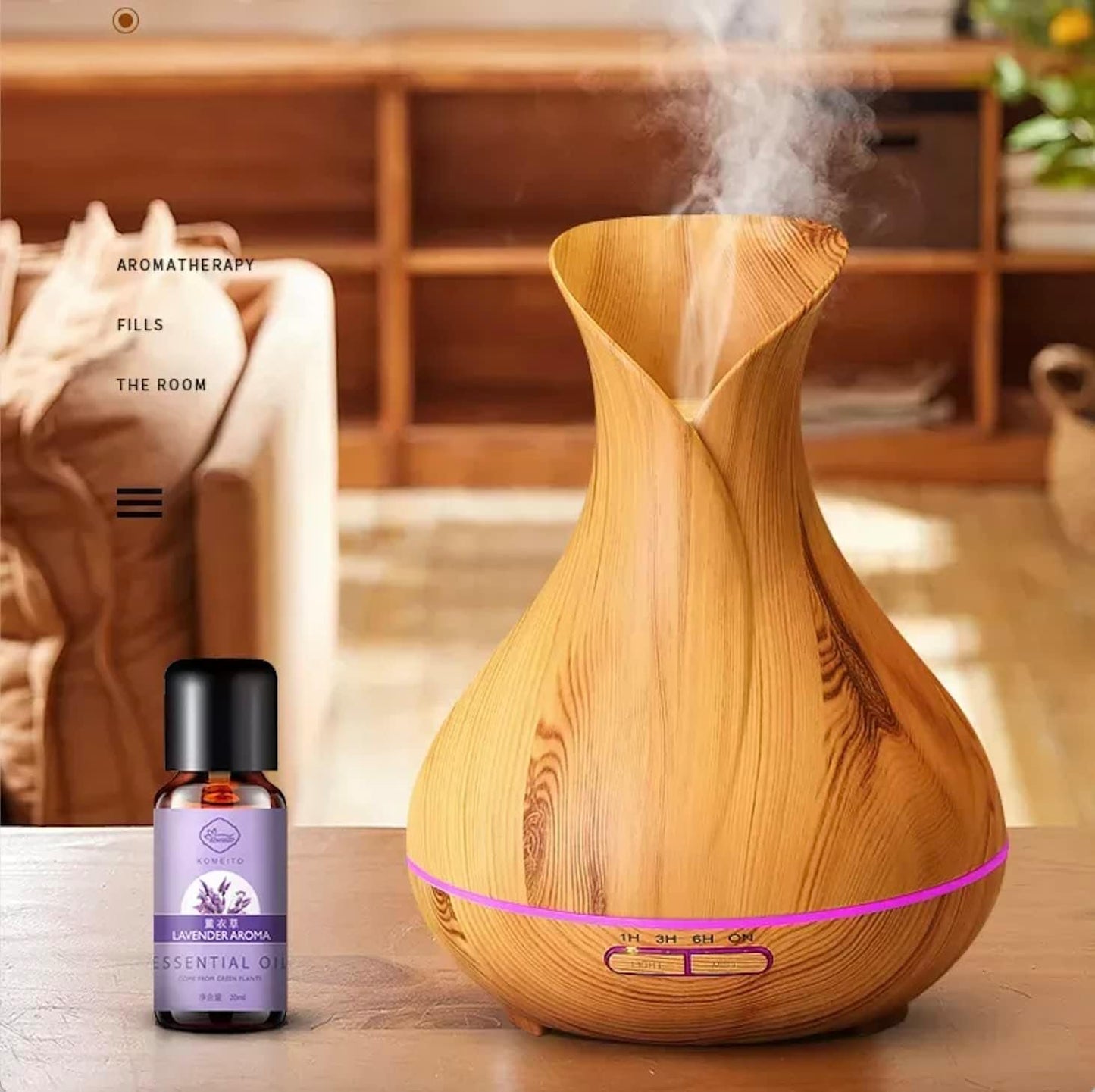Large Vase 500mL Ultrasonic Aromatherapy Essential Oil Diffuser by BELLADDY INC – Remote Control, Auto Shutoff, Wood Grain, Cool Mist Air, Home Office Spa, Quiet (Dark Wood)