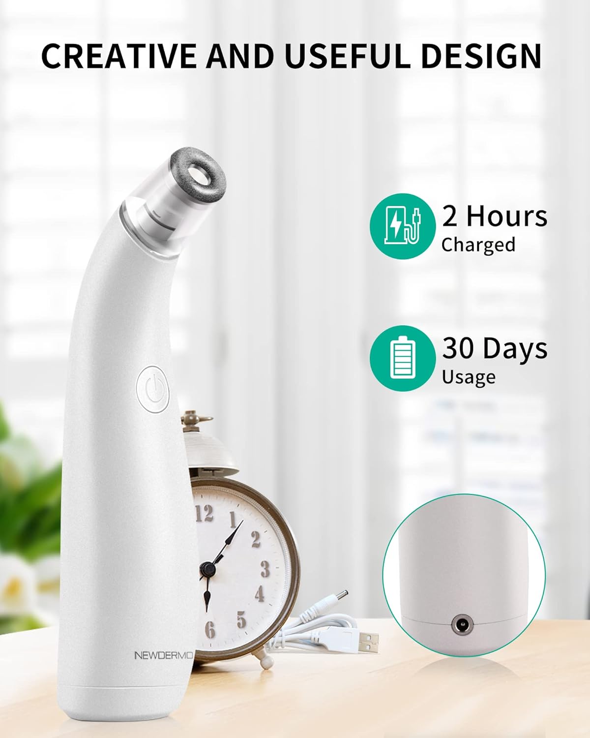 NEWDERMO 2-IN-1 Microdermabrasion Machine & Pore Vacuum Cleaner, 5 Tips & 5 Suction Diamond Microdermabrasion Device USB Rechargeable - Advanced Home Facial Skin Care Treatment Machine(Pure White)