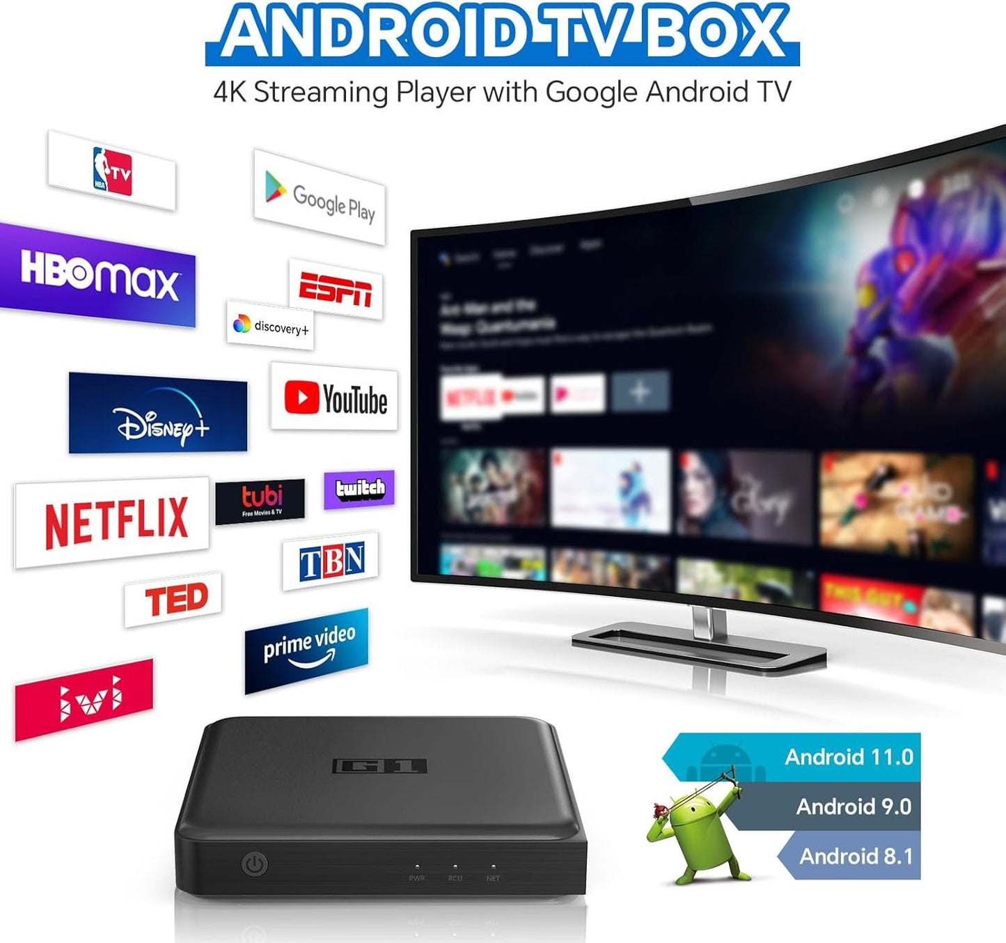 Android TV 11.0 TV Box, G1 Smart TV Box Compatible with Netflix Google, 4GB + 32GB Streaming Box, 4K 60fps HDR 10+, Google Assistant,Dolby Vision&Audio,AV1, Wi-Fi 6, BT 5.0 Amlogic S905X4