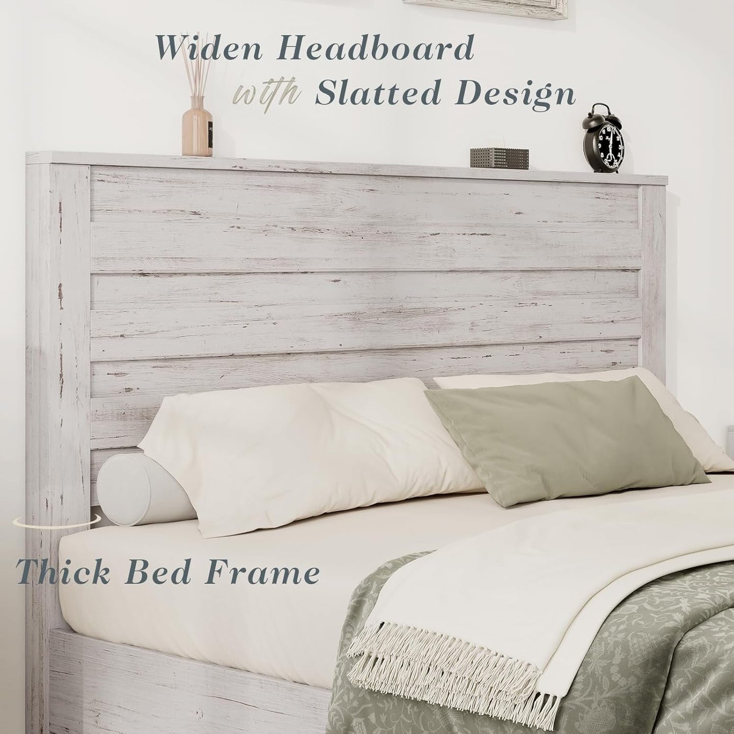 Jocisland Queen Size Platform Bed Frame with 49" Headboard, Farmhouse Bed Frame with Wood Slats Support/No Box Spring Needed/Easy Assembly, Distressed White