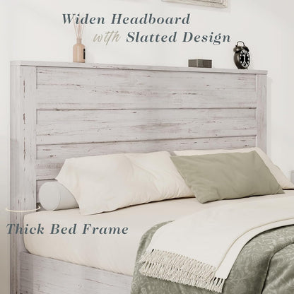 Jocisland Queen Size Platform Bed Frame with 49" Headboard, Farmhouse Bed Frame with Wood Slats Support/No Box Spring Needed/Easy Assembly, Distressed White