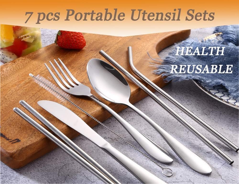 Travel Utensils with Case Reusable Silverware Portable Camping Utensils Cutlery Set 7pcs Lunch Utensil Kit Stainless Steel Flatware Set Including Knife Fork Spoon Chopsticks Straws Cleaning Brush