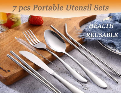 Travel Utensils with Case Reusable Silverware Portable Camping Utensils Cutlery Set 7pcs Lunch Utensil Kit Stainless Steel Flatware Set Including Knife Fork Spoon Chopsticks Straws Cleaning Brush