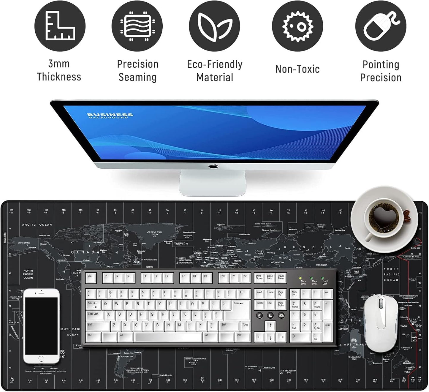 Anpollo Extended Speed Gaming Mouse Pad Large Size 35.4 x 15.7 inches Desk Mat Mousepad with Personalized Design - Black World Map