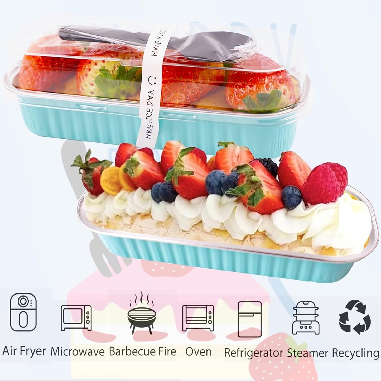 50 Pack Mini Loaf Pans with Lids and Spoons, 6.8 Oz Mini Cake Pans with Lids for Baking, Disposable Rectangle Aluminum Foil Loaf Pan with Stickers，Small Cake Containers Tin（Blue）