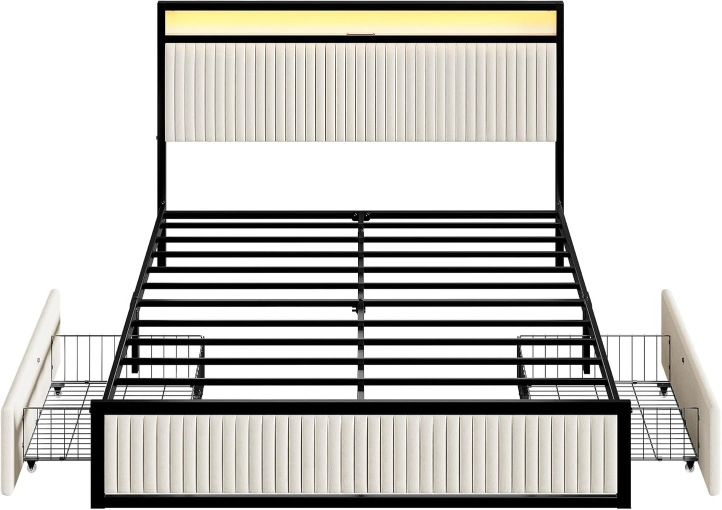 ROLETALENT Full Bed Frame with Headboard and 2 Storage Drawers, Upholstered Bed Frame Full Size with Charging Station & LED,Velvet Platform Bed Frame, Metal Support,No Box Spring Needed,Beige