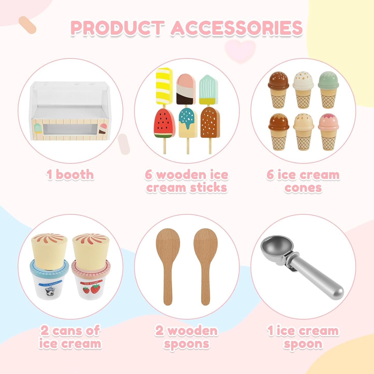 Wooden Ice Cream Toys, Wood Ice Cream Counter Play Set, Play Store Pretend Toy for Toddlers, Ice Cream Counter Shop with Spoon, Play Kitchen Accessories for Kids